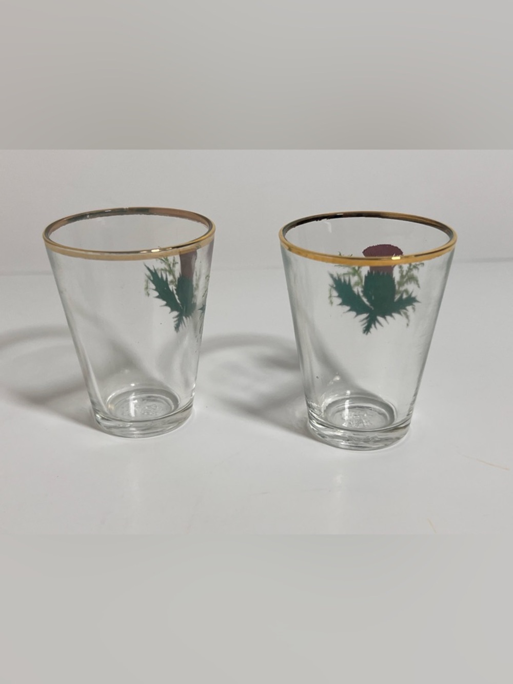 2-VTG Scottish Thistle Heather Shot Glasses Gold Trim NS 236 Purple Green MCM - Picture 5 of 8